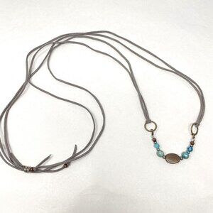Beaded Leather Cord Necklace Long Length Adjustable Boho Copper Turquoise Blue